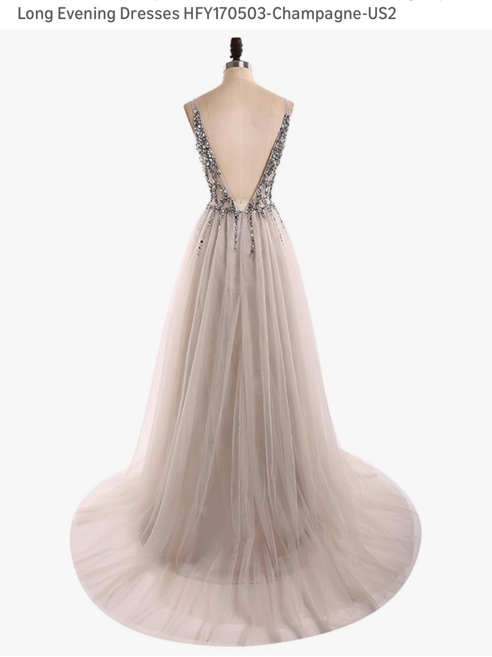 Amazon Champagne Beaded V-Neck Tulle Gown - Picture 3 of 7